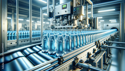 Beverage production line where clear blue plastic bottles are labeled. Bottles move along a conveyor belt.