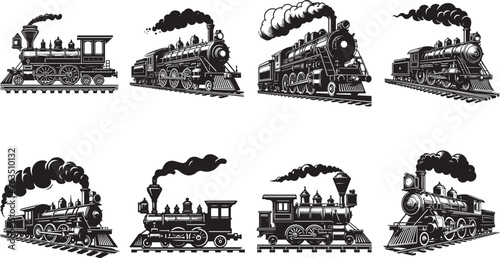Intricately detailed vintage locomotives depicted in monochrome, showcasing the golden era of railway transport and its classical design