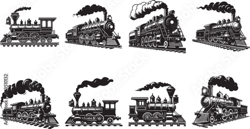 Intricately detailed vintage locomotives depicted in monochrome, showcasing the golden era of railway transport and its classical design photo
