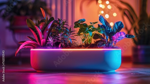 A smart, neon-lit planter optimizing conditions for each plant