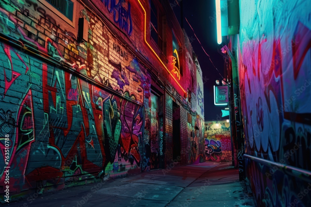A graffiti covered alleyway with neon lights and a neon sign. The alleyway is dark and the neon lights add a sense of mystery and excitement to the scene