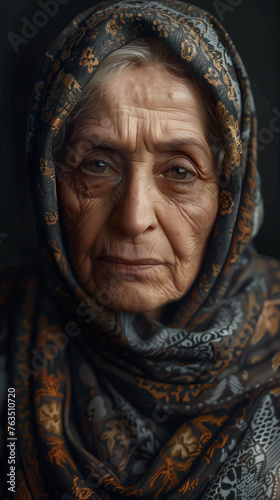 An elderly woman from Iran is depicted wearing a head scarf. She exudes a sense of experience and wisdom through her facial expression and attire.