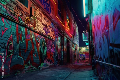 A graffiti covered alleyway with neon lights and a neon sign. The alleyway is dark and the neon lights add a sense of mystery and excitement to the scene