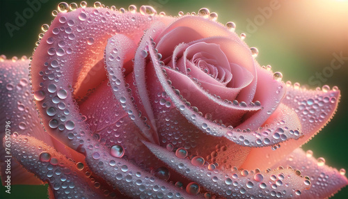 Bright rose petals, shining from drops of fresh morning dew. The drops reflect the early morning sun, creating a mesmerizing play of light and shadow.