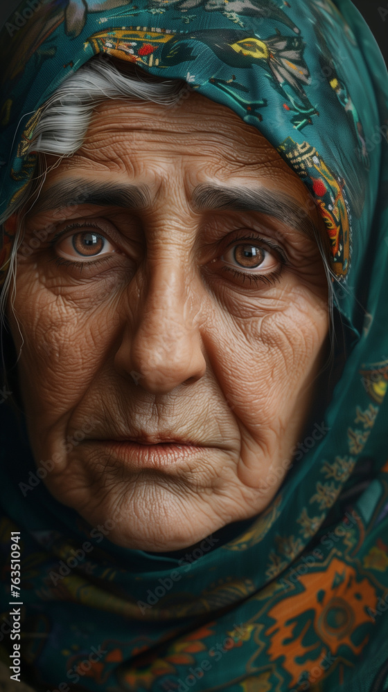 An elderly woman from Iran is depicted wearing a head scarf. She exudes a sense of experience and wisdom through her facial expression and attire. An elderly woman from Iran is depicted wearing a head scarf. She exudes a sense of experience and wisdom through her facial expression and attire.