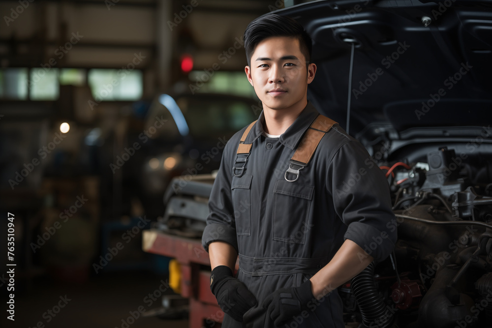 Obraz premium Smiling mechanic asian man. Automotive professions. Job offer. Job Search. Machine repair professions. Asian man. Japan. China. Asian country. Japanese. Chinese. AI.