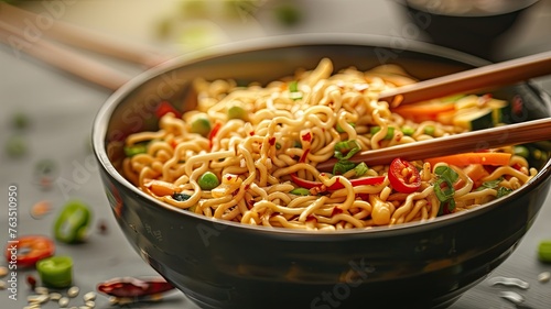 Schezwan noodles, vegetable Hakka noodles, or chow mein, elegantly presented in a bowl or plate alongside wooden chopsticks, offering ample space for text overlays.