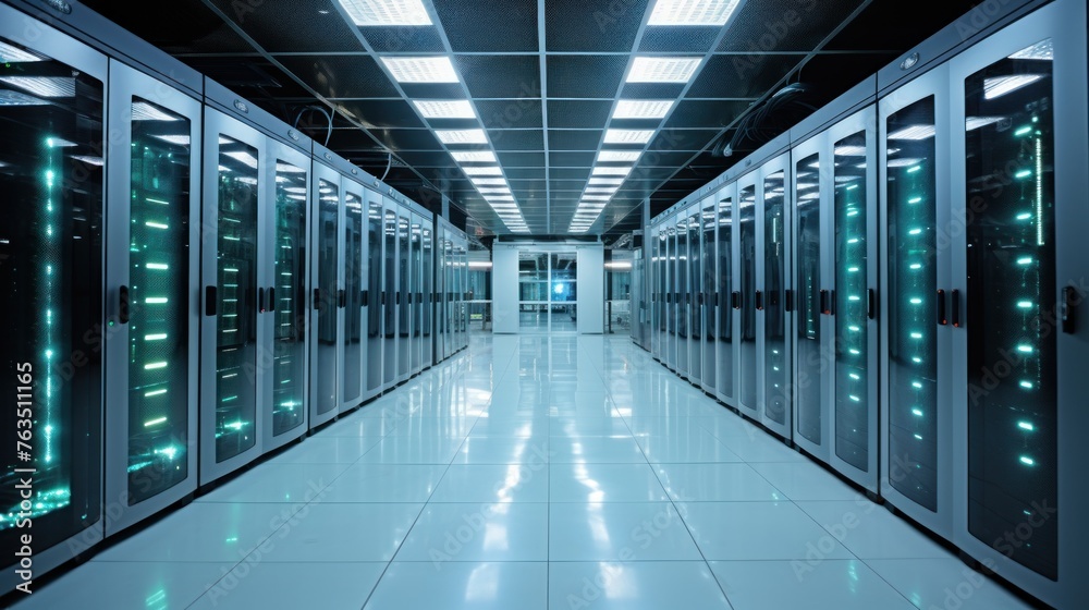 Depict a state of the art data center with rows of server racks, cooling systems, and redundant power supplies Depict a state of the art data center with rows of server racks, cooling systems, and redundant power supplies