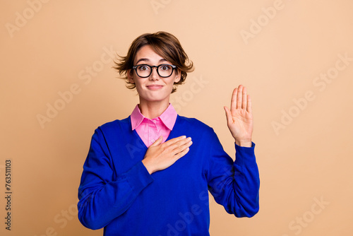 Φωτογραφία Portrait of candid friendly pretty person arm touch chest heart raise palm promi
