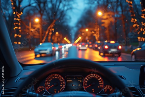 The illuminated dashboard and rain-dappled windshield of a car offer an intimate evening drive scene
