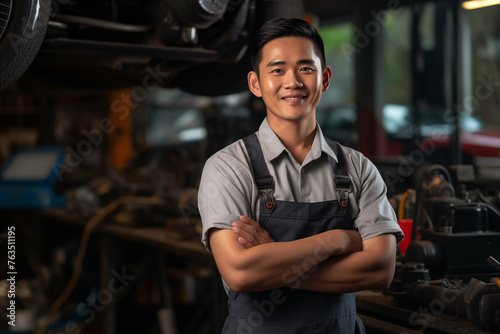 Smiling mechanic asian man. Automotive professions. Job offer. Job Search. Machine repair professions. Asian man. Japan. China. Asian country. Japanese. Chinese. AI. © My Beautiful Picture