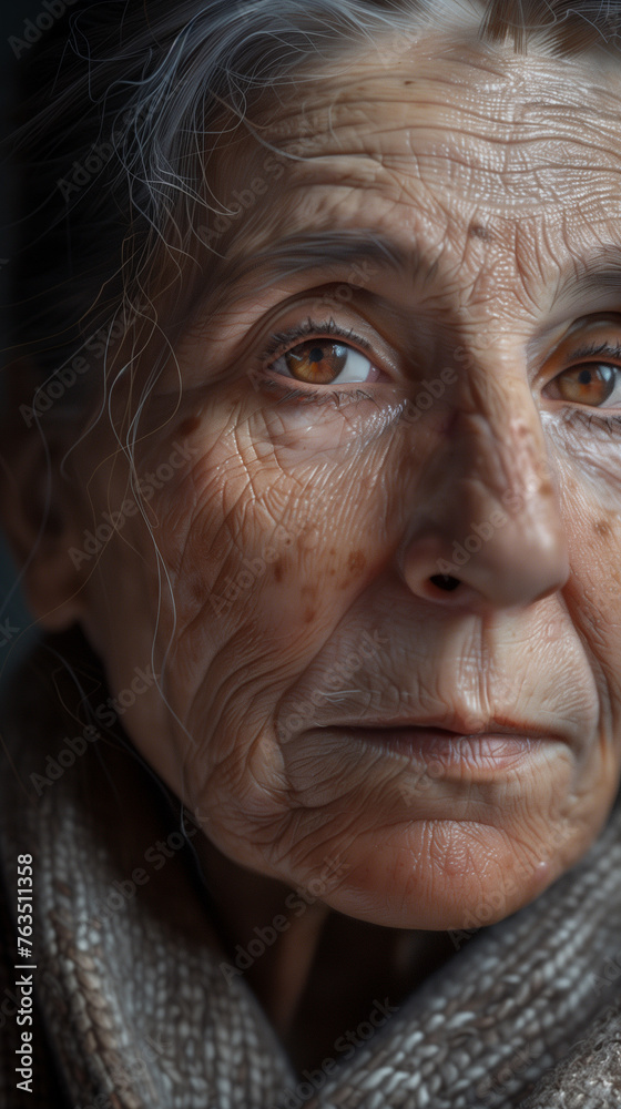 An old woman wearing a scarf around her neck, captured in a straightforward portrait. The woman appears to be from Italy An old woman wearing a scarf around her neck, captured in a straightforward portrait. The woman appears to be from Italy