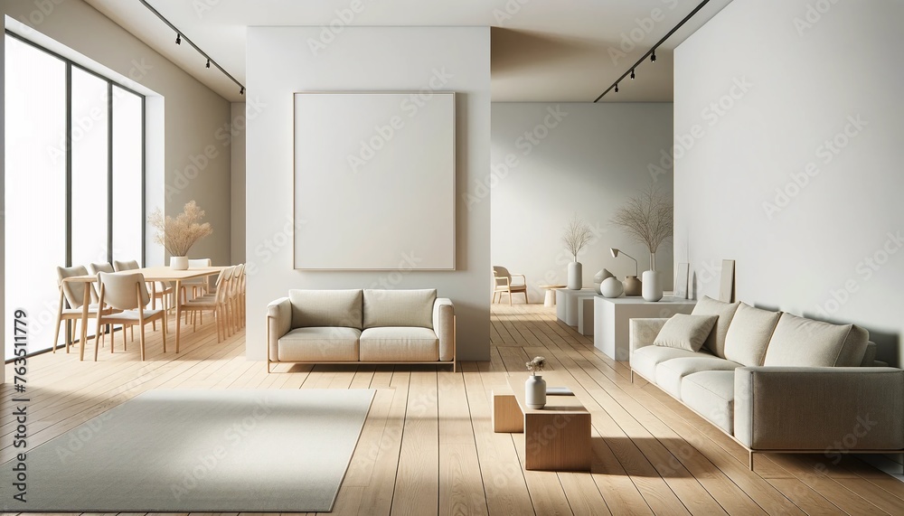 Blank frame and poster mock up in living room. Scandinavian interior. 3d rendering, 3d illustration Blank frame and poster mock up in living room. Scandinavian interior. 3d rendering, 3d illustration