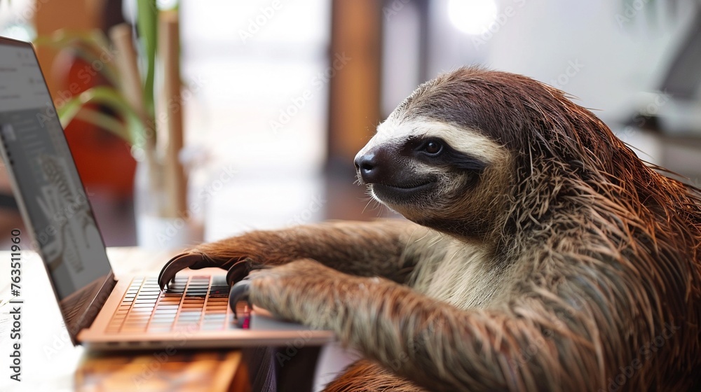 Fototapeta premium Cozy sloth freelancer working on laptop at home, chilled and relaxed, slow life lifestyle.