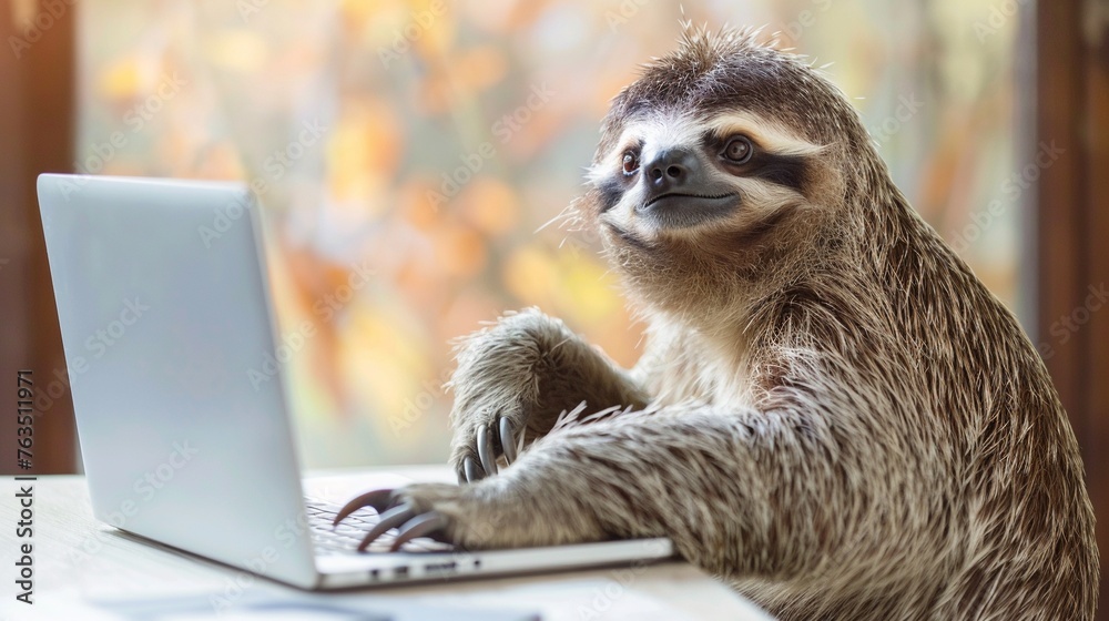 Naklejka premium Cozy sloth freelancer working on laptop at home, chilled and relaxed, slow life lifestyle.