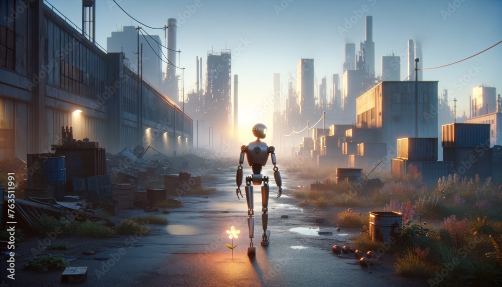Robot Walking in a Dystopian Industrial Cityscape