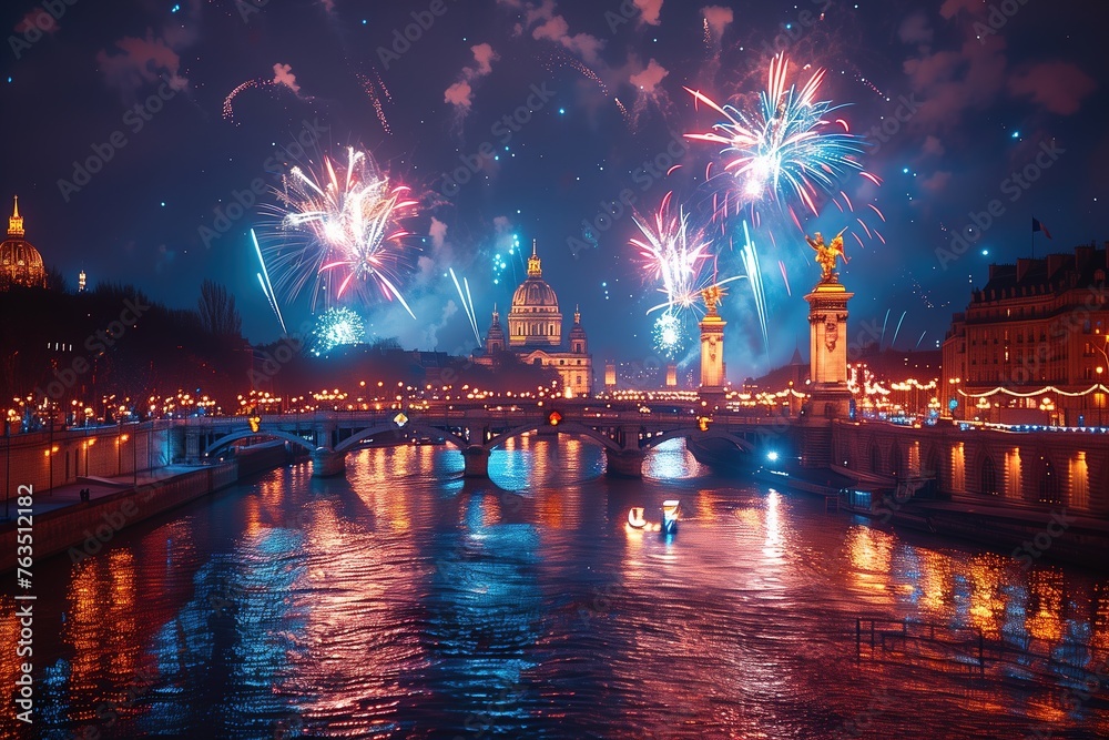 Envision a spectacular fireworks display over the Seine, celebrating the medalists' victories.  - obrazy, fototapety, plakaty 