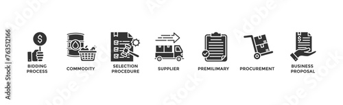 Rfp banner web icon vector illustration concept of request for proposal with icon of bidding process, commodity, selection procedure, supplier, premilimary, procurement and business proposal	

