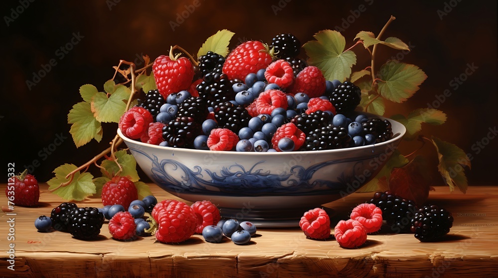 A Meticulously Rendered Scene: A Cluster of Ripe Berries Amidst Lush Foliage A Meticulously Rendered Scene: A Cluster of Ripe Berries Amidst Lush Foliage