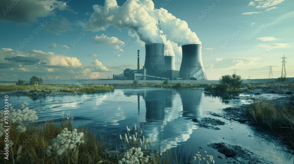 Cinematic image of a nuclear power station. 