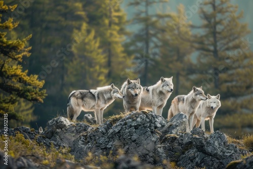 A wolf pack in a mountain environment. 