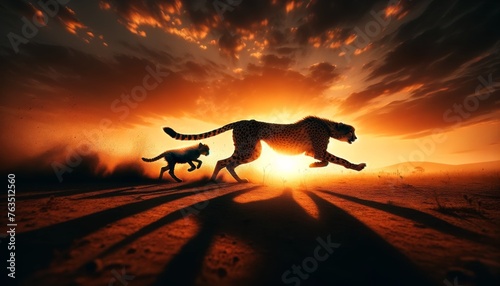 Cheetah and Cub Running at Sunset in the Desert