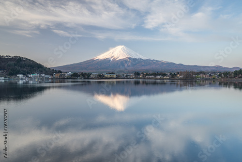 Reflection of Mount Fuji in Lake Kawaguchi  Fujikawaguchiko  Yamanashi Prefecture  Japan