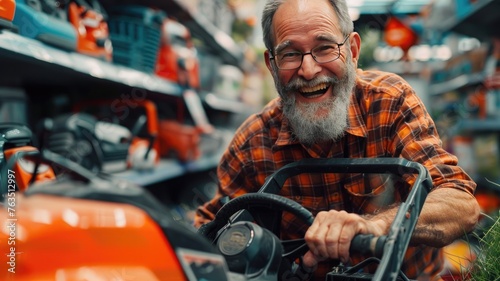 a man in a close-up shot as he purchases a lawn mower at an upscale department store, radiating satisfaction and contentment.