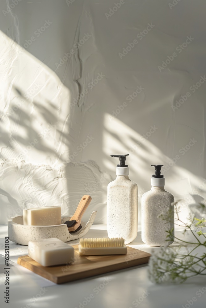 Serenity in bathroom decor with eco-friendly products, clean and minimalist design style. perfect for a modern spa