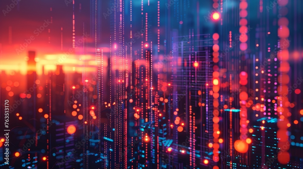 Glowing data points and bar graphs form a cityscape Glowing data points and bar graphs form a cityscape