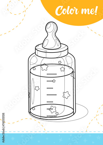 Coloring page for kids with cartoon babies bottle. A printable worksheet, vector illustration.	
