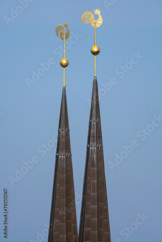 weathercocks on the tops of a church with twin towers