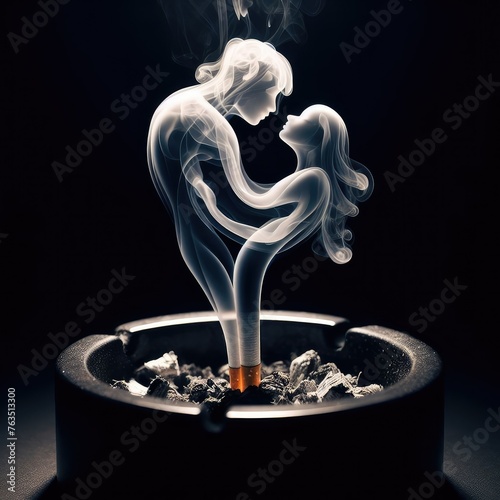 In a room surrounded by the smoke of two cigarettes, an ashtray houses the traces of a shared intimacy. The spirals of smoke come together, transforming into a kiss between two lovers.