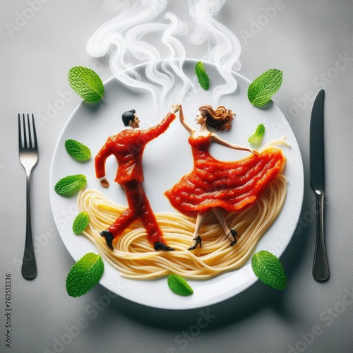 A white plate with tomato sauce on a table, fresh mint leaves sprinkled on top of the sauce, a knife and fork on the sides and a man and woman dancing in the center of the plate