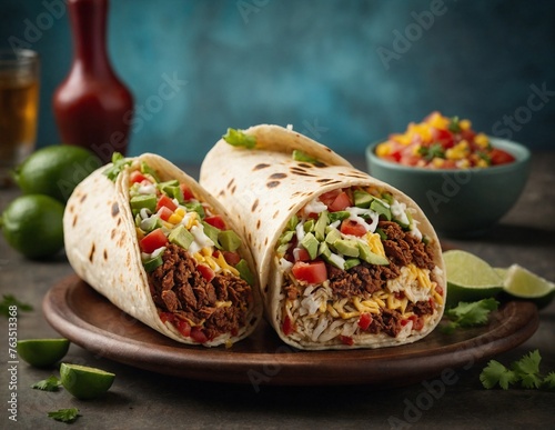 Buritto - traditional Mexican food, on a plate. AI Generated. photo