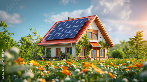 A house with a solar panel installed on its roof, harnessing sunlight to generate electricity for eco-friendly living.