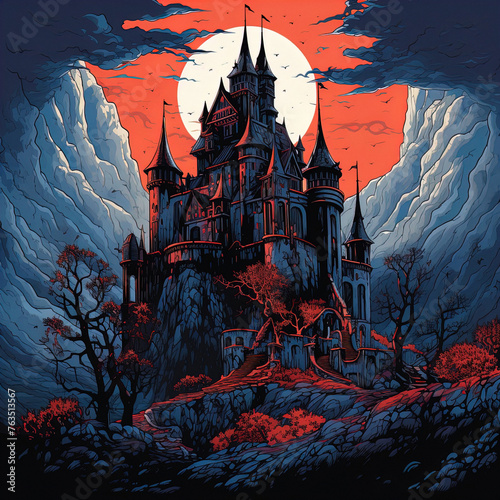 Moody Illustration of Dracula's Castle, Gothic Architecture Art