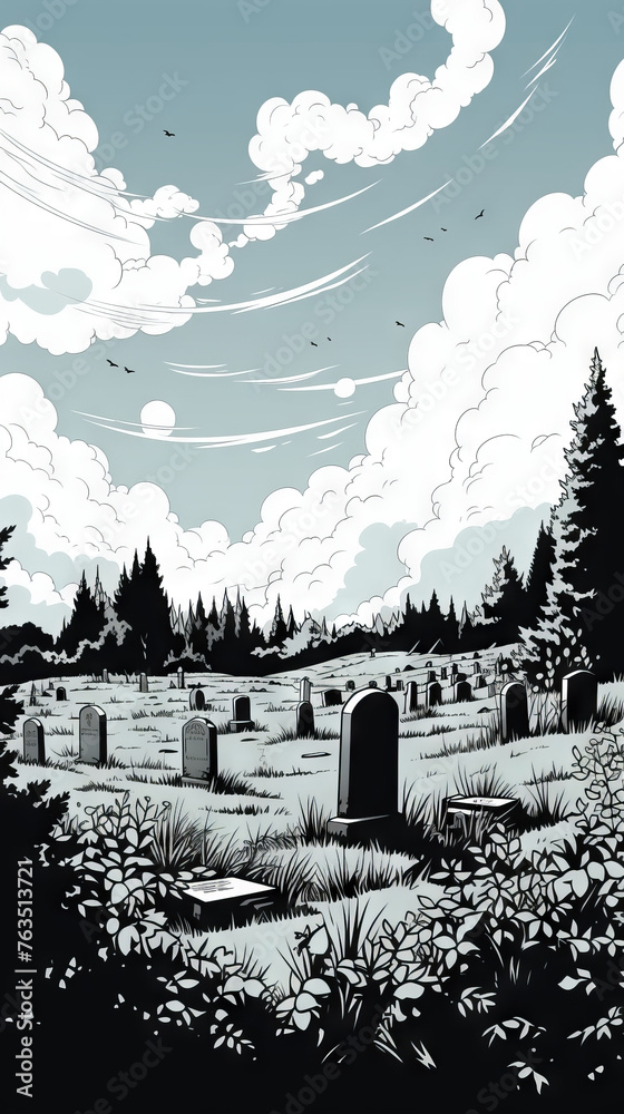 Cemetery Illustration with Cloudy Sky

