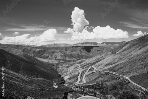 black and white scenic view of the route to the Cuesta del Lipan of the Andes mountain range in the Argentine province of Jujuy photo