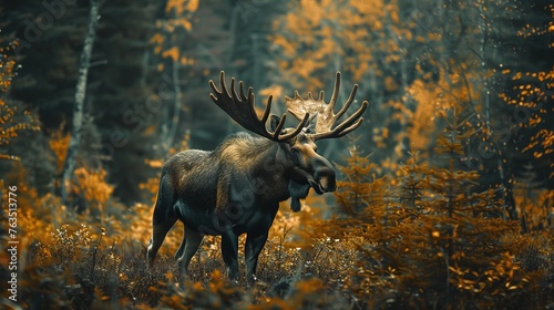 Noble moose wanders through dense Canadian wilderness