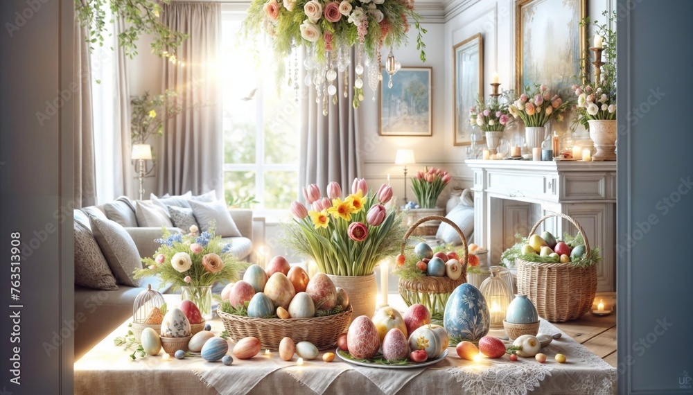 This enchanting photo captures the essence of a traditional Easter celebration. A table is elegantly set with an assortment of painted Easter eggs, both in bowls and on stands This enchanting photo captures the essence of a traditional Easter celebration. A table is elegantly set with an assortment of painted Easter eggs, both in bowls and on stands