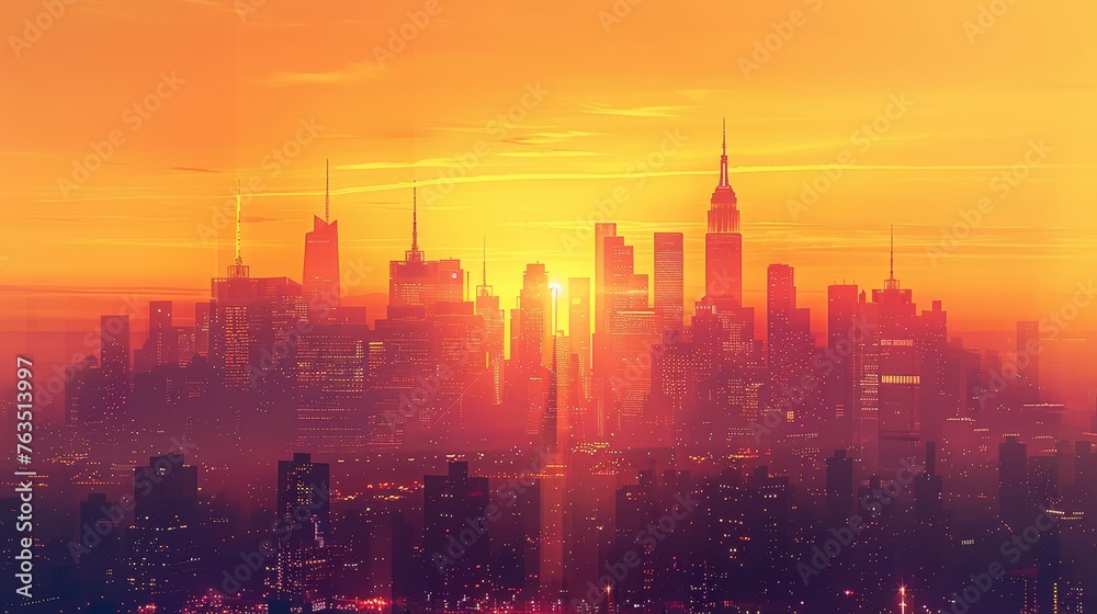Skyline: A city skyline at sunset, with the warm glow of the sun casting a golden light over the buildings