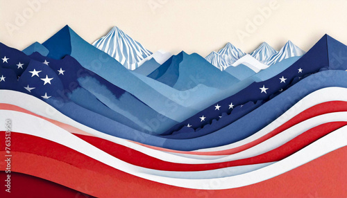 An abstract American flag and mountains, in a cut paper collage style. Generative AI
