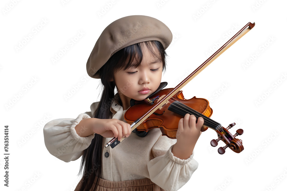 beautiful little girl plays the violin seriously isolated on a transparent background