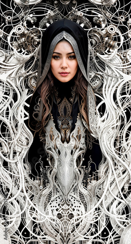 Woman wearing a black cape and body with mechanical details on a black and white background with a pattern of white circles and lines, highly detailed digital art, character portrait, gothic art.