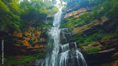 The environment: A breathtaking waterfall cascading down a rocky cliff