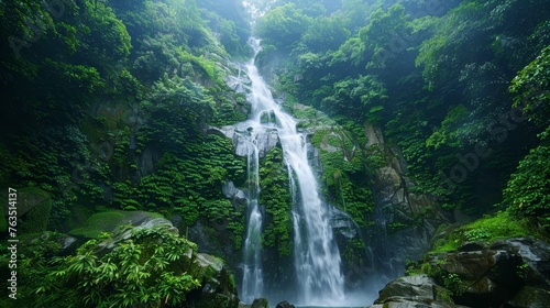 The environment: A majestic waterfall cascading down a rocky cliff © MAY