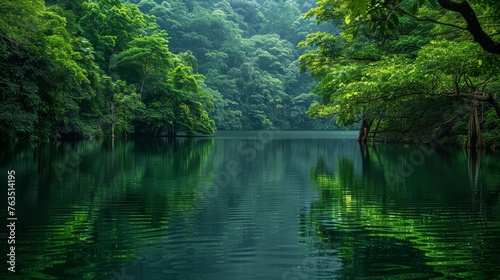 The environment: A tranquil lake surrounded by lush greenery