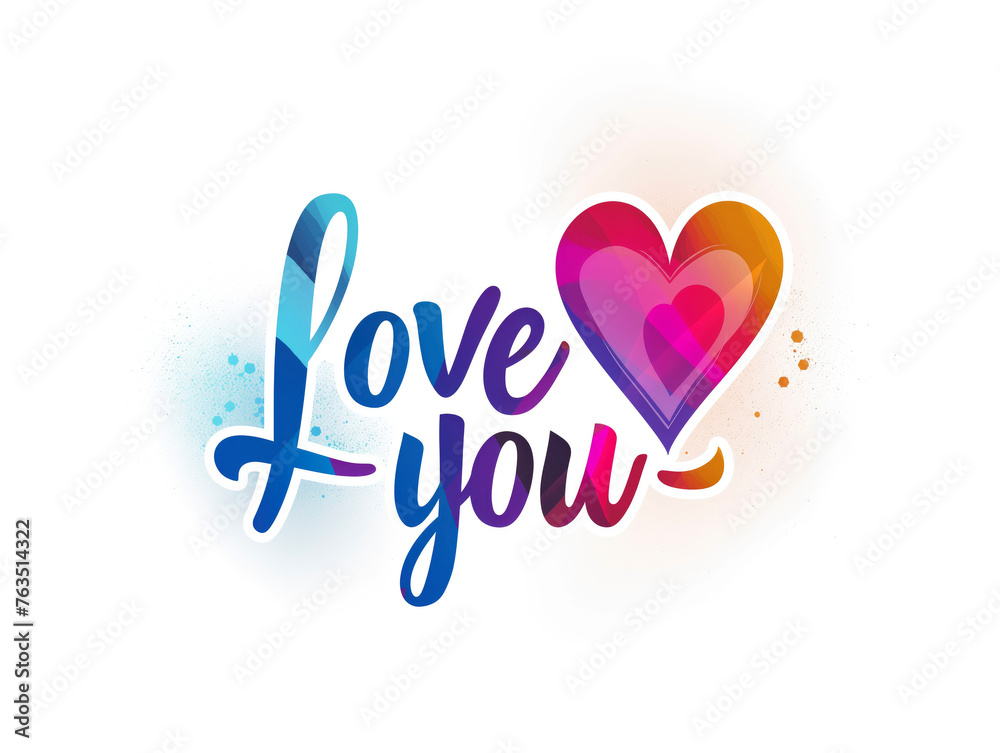 Love you colorful hand written lettering and heart on white background. Minimalistic greeting card. Valentine's Day