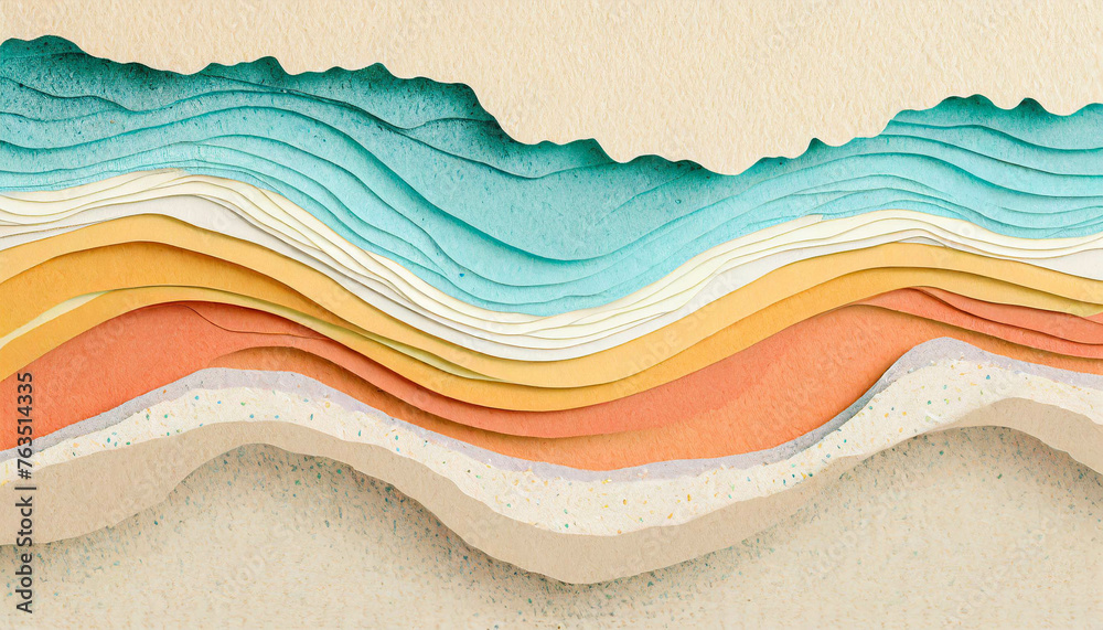 Fototapeta premium An abstract wavy beach layer background, in a cut paper collage style. Generative AI 